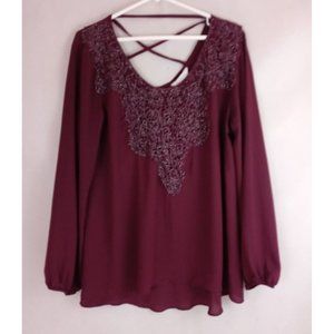 Charming Charlie Women's Burgandy/Maroon Blouse With Metallic Embroidery Large